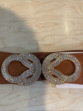 Brown Women's Waist Belt with Crystal Interlocking Buckle